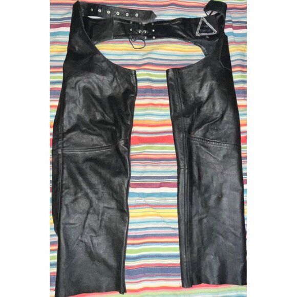 Pro Force Black Leather Motorcycle Chaps With Adjustable Waist Snap Closures - Picture 1 of 13